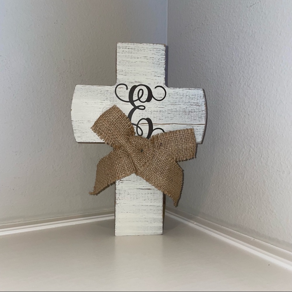 Altar’d state initial cross with burlap bow